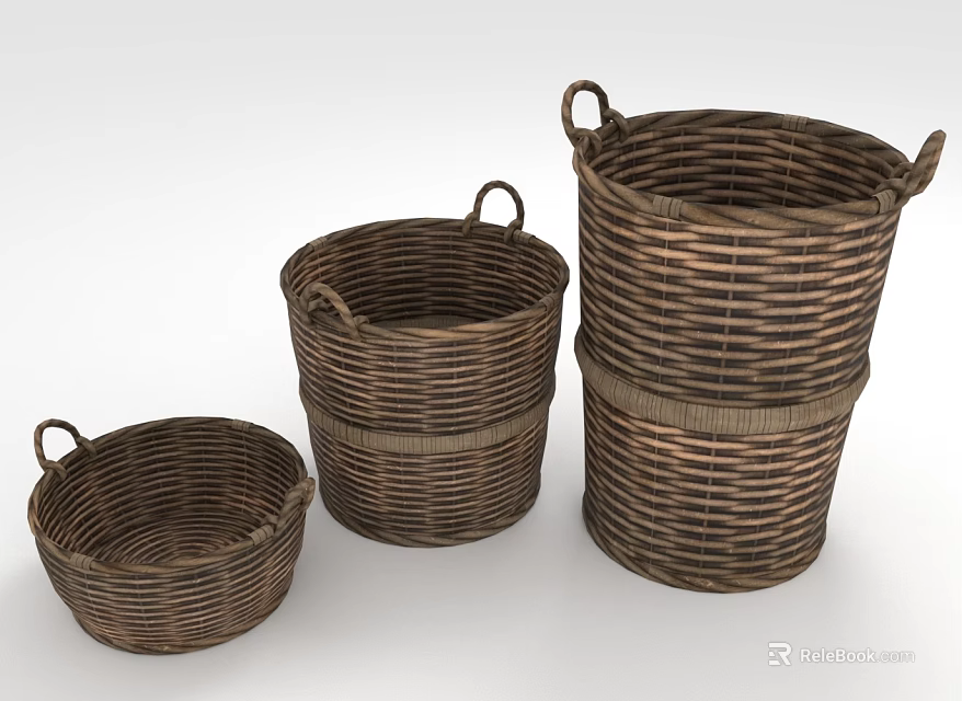 Rustic Woven Storage Baskets with Handles in Different Sizes for Home Organization 3d model 