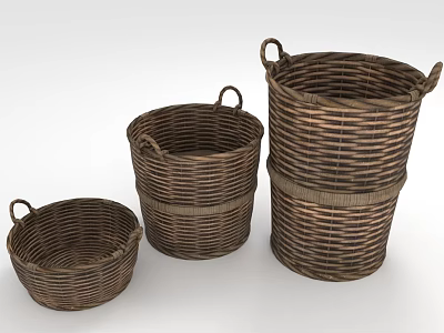 Rustic Woven Storage Baskets with Handles in Different Sizes for Home Organization 3d model