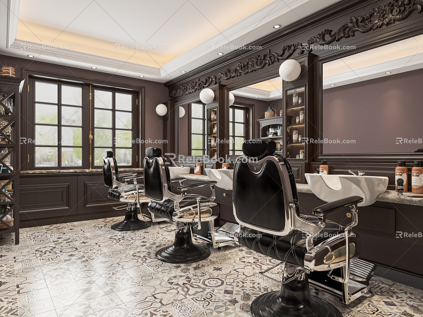 European-style barber shop hairdressing shop beauty salon hair cutting chair front desk barber table and chair chandelier 3d model