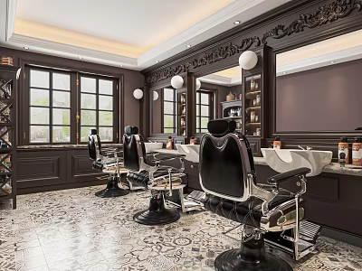 Elegant Barbershop Interior With Black Barber Chairs Mirrors And Patterned Tiled Floor 3d model