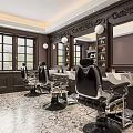 Elegant Barbershop Interior With Black Barber Chairs Mirrors And Patterned Tiled Floor