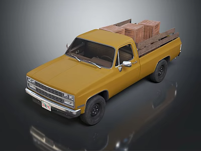 Vintage Yellow Pickup Truck With Wooden Crates In Cargo Bed 3d model