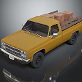 Vintage Yellow Pickup Truck With Wooden Crates In Cargo Bed