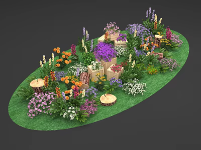 Vibrant Mixed Blossoms on Oval Grass Lawn with Wooden Boxes and Stumps 3d model