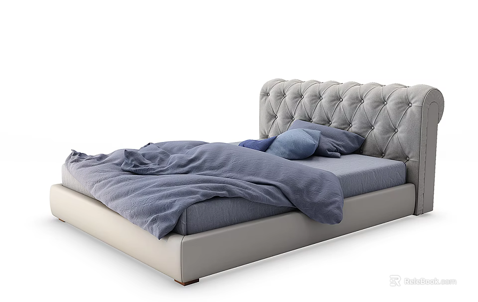 Double Bed With Tufted Headboard Blue Bedding And Light Gray Frame 3d model