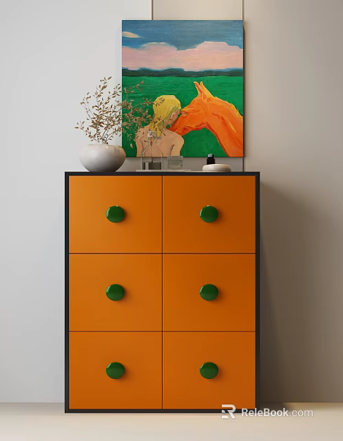 Orange Entryway Side Cabinet With Green Round Knobs Vase And Artwork On Top 3d model