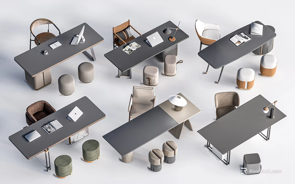 Modern Multiple Desks Design With Chairs Stools And Desktop Stationery Items 3d model
