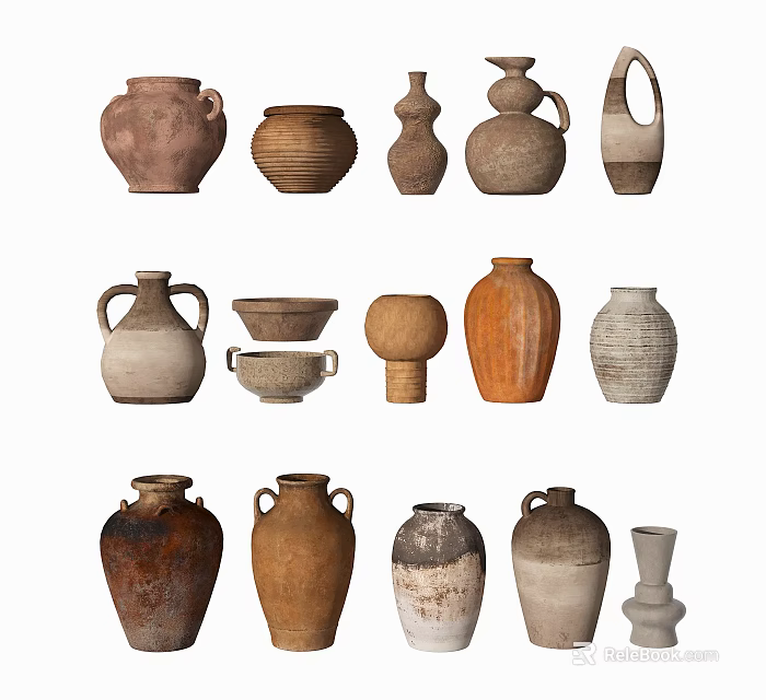 Decorative Ceramic Vessels In Various Shapes With Earthy Tones And Textured Surfaces 3d model 