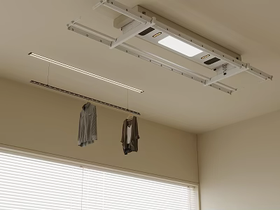 Ceiling Mounted Track Clothes Hanger with Clothes Hanging Near Window and Blinds 3d model