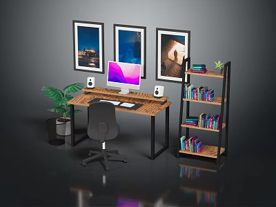 Modern Office Desk With Computer Monitor Keyboard Mouse Speakers Bookshelf Potted Plant And Framed Paintings 3d model