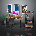 Modern Office Desk With Computer Monitor Keyboard Mouse Speakers Bookshelf Potted Plant And Framed Paintings