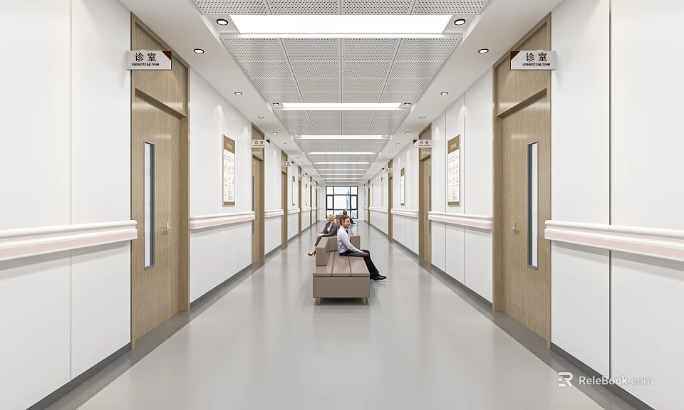 Hospital Elevator Corridor With Examination Room Doors And Waiting Sofa 3d model