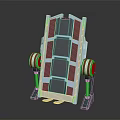 Cartoon Style Mechanical Device Scene With Blue Metal Frame And Orange Wheels