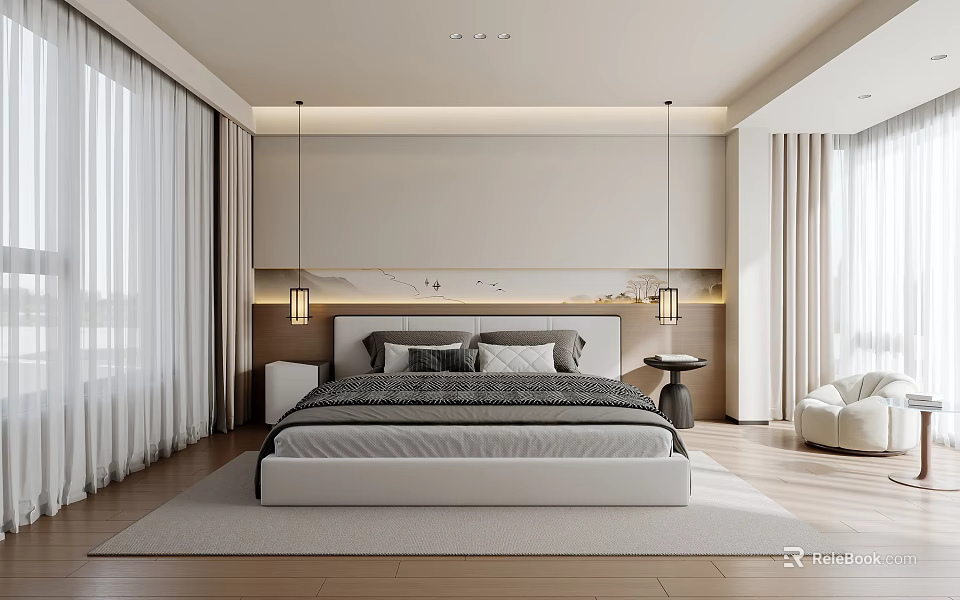 Modern Bedroom Interior With White Bed Curtains Pendant Lights And Wooden Floor 3d model 