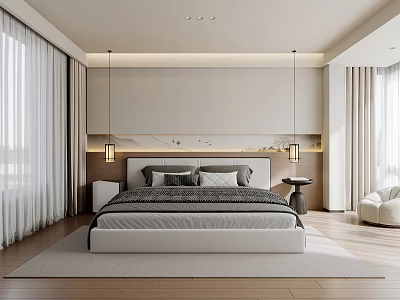 Modern Bedroom Interior With White Bed Curtains Pendant Lights And Wooden Floor 3d model