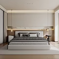 Modern Bedroom Interior With White Bed Curtains Pendant Lights And Wooden Floor