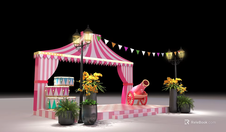 Photo Spot With Pink White Striped Tent Colorful Flags Yellow Flowers Red Cannon Checkerboard Floor 3d model 