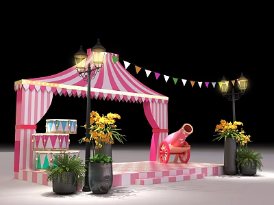 Photo Spot With Pink White Striped Tent Colorful Flags Yellow Flowers Red Cannon Checkerboard Floor 3d model