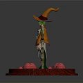 3D Wizard Character With Orange Hat Green Gem Staff And Red Mushrooms On Red Base