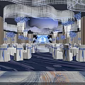 Elegant Banquet Restaurant Interior With Blue Decor Chandeliers Tables Chairs And Flowers