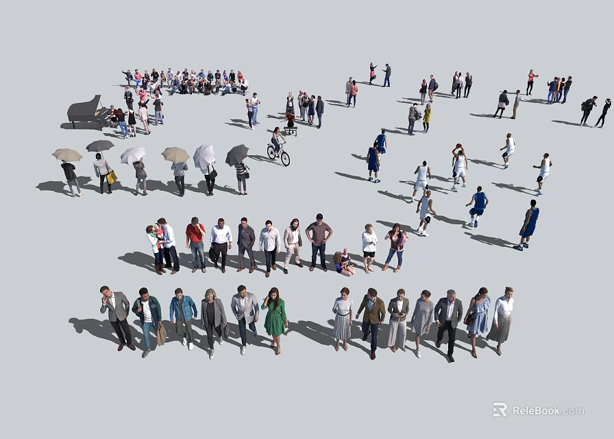 Many People Engaged in Various Activities Like Walking Standing Cycling and Holding Umbrellas Outdoors 3d model 