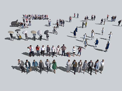 Many People Engaged in Various Activities Like Walking Standing Cycling and Holding Umbrellas Outdoors 3d model