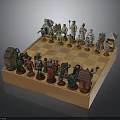 Scenic Chess Set With Character Shaped Pieces And Miniature Buildings On Wooden Board