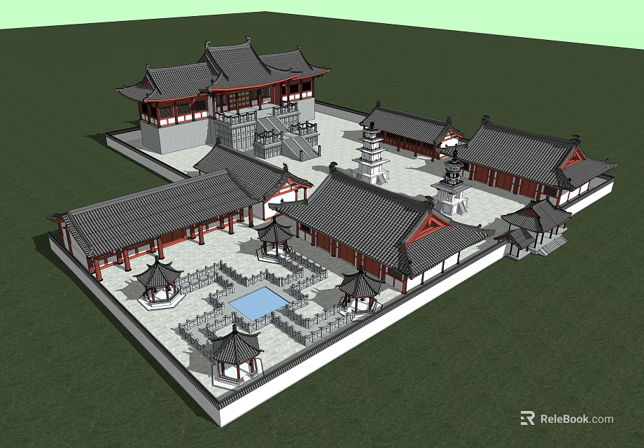 Traditional Chinese Ancient Architecture With Courtyard Layout Classic Roofs And Pavilions Design 3d model 