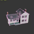Two Story Detached House with White Exterior Blue Roof Red Chimneys and Green Shutters