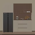 Modern Home Sideboard With White Wood Cabinets Drawers Refrigerator And Coffee Machine