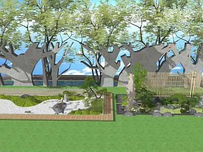 Karesansui Dry Landscape Garden With Raked Sand Stones Trees And Bamboo 3d model