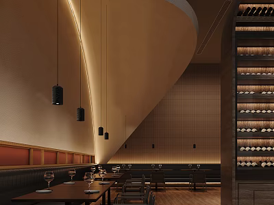 Elegant Modern Restaurant Interior With Pendant Lights Wall Tiles Wine Rack And Dining Seats 3d model