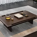 Rectangular Wooden Coffee Table With Tea Set Book And Small Cups On Gray Carpet 3d model