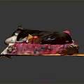 Adorable Dog Resting On Soft Pink Patterned Blanket Over Wooden Mat