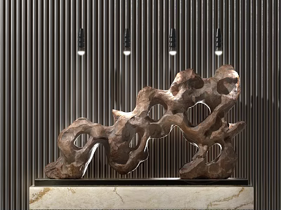 Irregular Hole Patterned Sculpture On Marble Tabletop Against Vertical Striped Wall With Pendant Lights 3d model