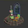 Mystical Fantasy Altar Scene With Arched Green Grid Window Smoking Cauldron And Circular Stone Steps