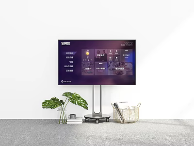 Modern TV Stand With Flat Screen TV Green Plants Books And Basket 3d model