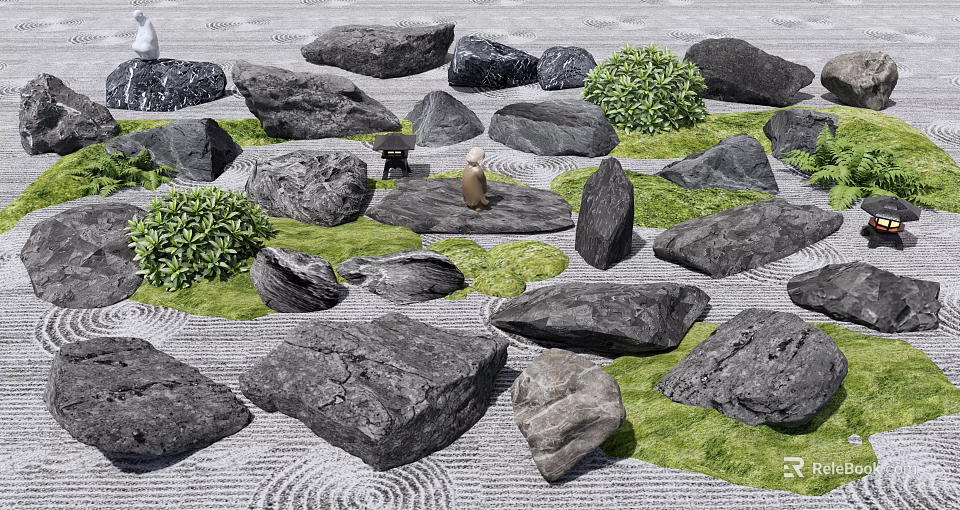 Natural Garden Decor With Moss Covered Stones Green Bushes And Small Statue On Patterned Surface 3d model 