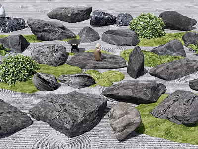 Natural Garden Decor With Moss Covered Stones Green Bushes And Small Statue On Patterned Surface 3d model