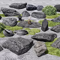 Natural Garden Decor With Moss Covered Stones Green Bushes And Small Statue On Patterned Surface