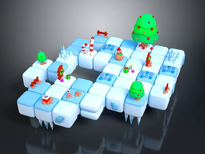 Green Christmas Tree Plants in Wintery 3D Scene with Snow Blocks Gifts Candy Canes Snowmen 3d model