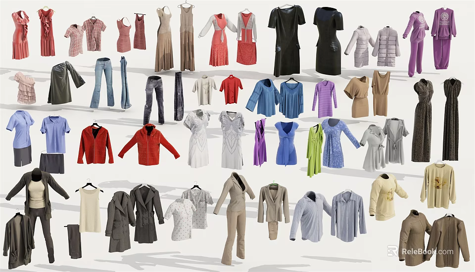 Colorful Assorted Clothing Collection With Dresses Tops Pants Coats And Jackets 3d model 