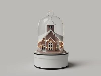 Decorative Mini House Model With Glass Dome And String Lights Base 3d model