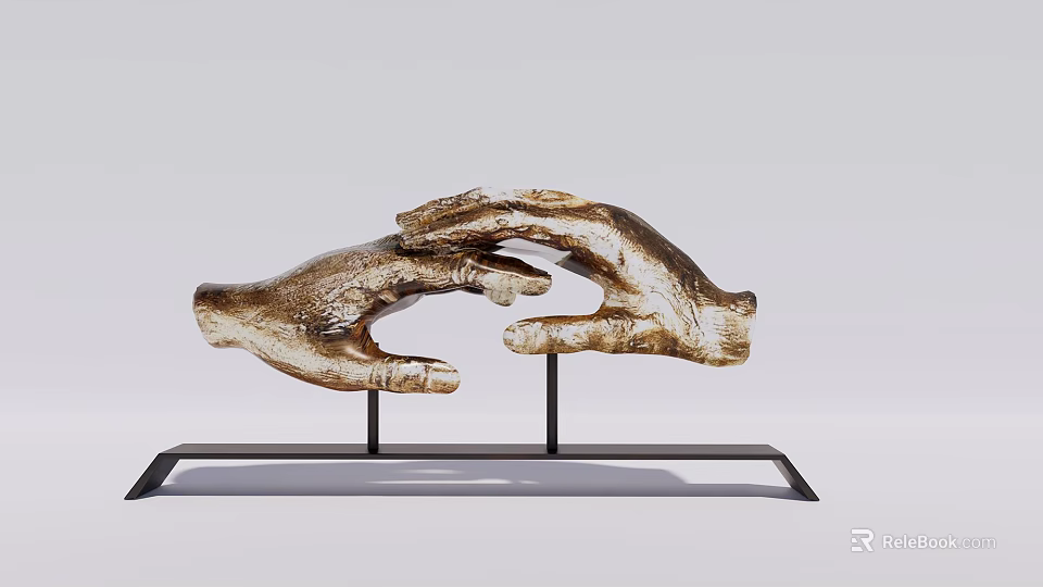 Golden Hand Shaped Decorative Ornament Set With Black Metal Base 3d model 