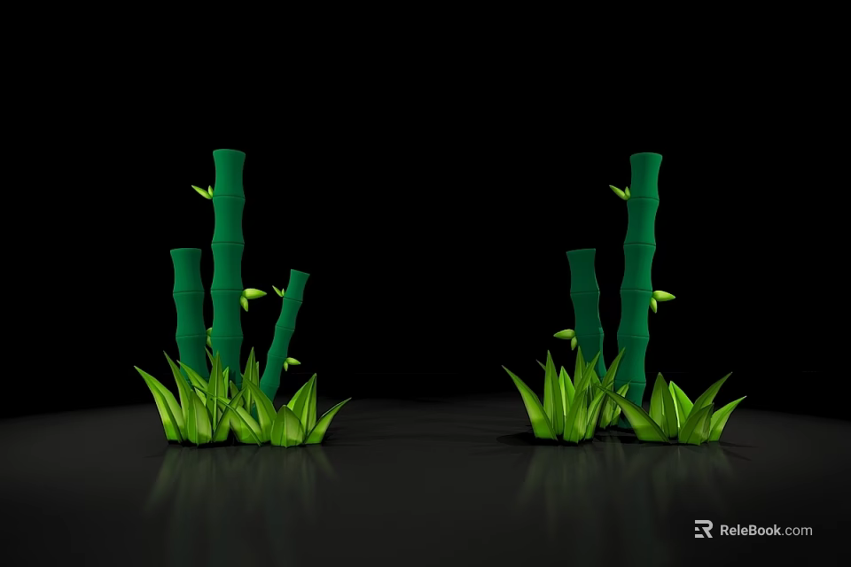 Green Bamboo Plants With Fresh Leaves And Grass On Black Background 3d model 
