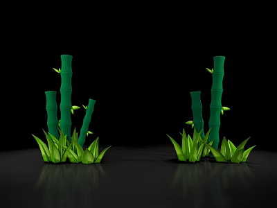 Green Bamboo Plants With Fresh Leaves And Grass On Black Background 3d model