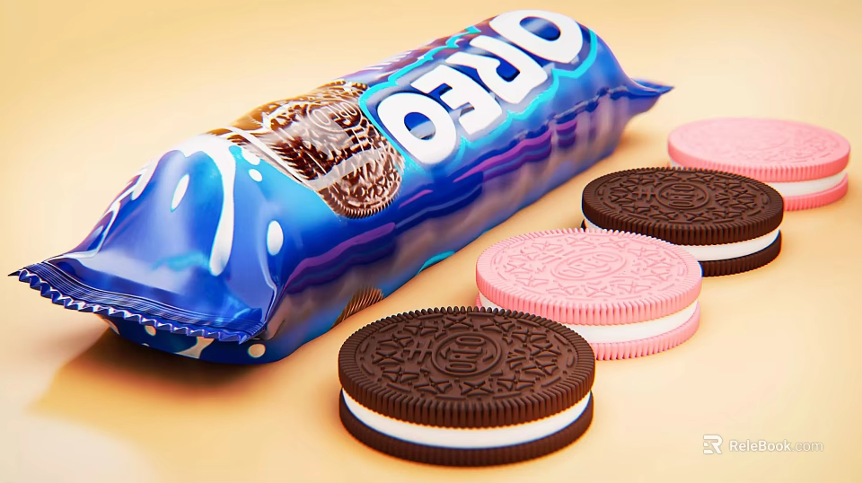 Chocolate And Pink Oreo Cookies With Cream Filling Scattered Beside Blue Packaging 3d model 