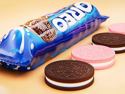 Chocolate And Pink Oreo Cookies With Cream Filling Scattered Beside Blue Packaging 3d model