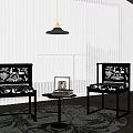 Dining Table Set with Two Patterned Black Chairs and Small Round Table on Round Rug 3d model