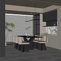 Modern Restaurant Interior With Open Kitchen Dining Table White Chairs And Pendant Lights 3d model